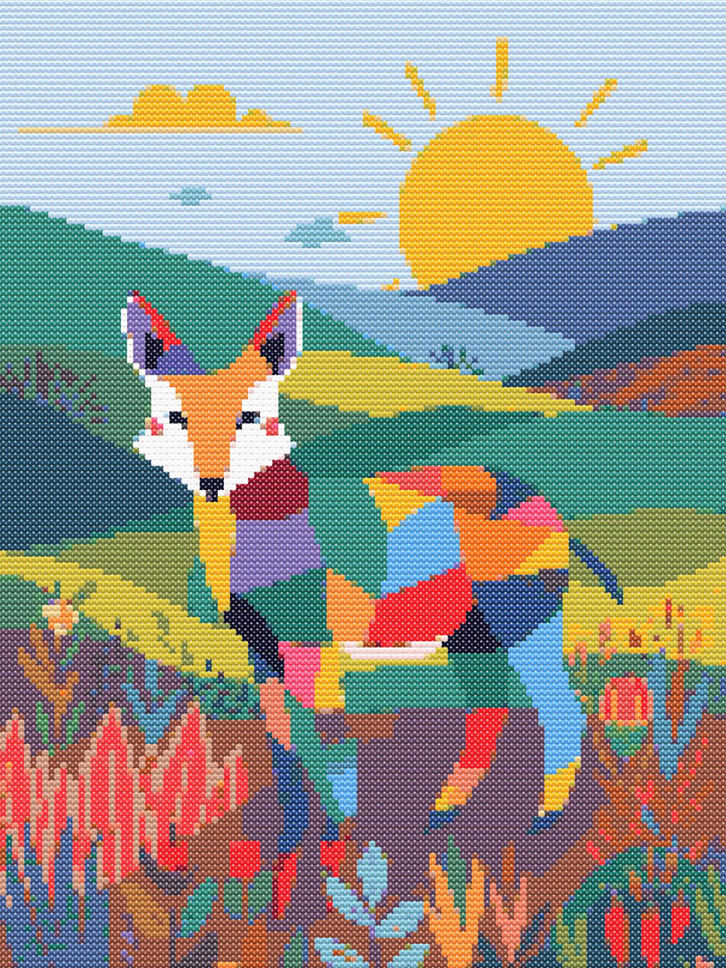 Playful Patchwork Fox | Cross-Stitch Pattern PDF | Cute Nursery Animal Embroidery | Patchwork Pals Series | 120×160 Stitches | DMC & Anchor Floss Key