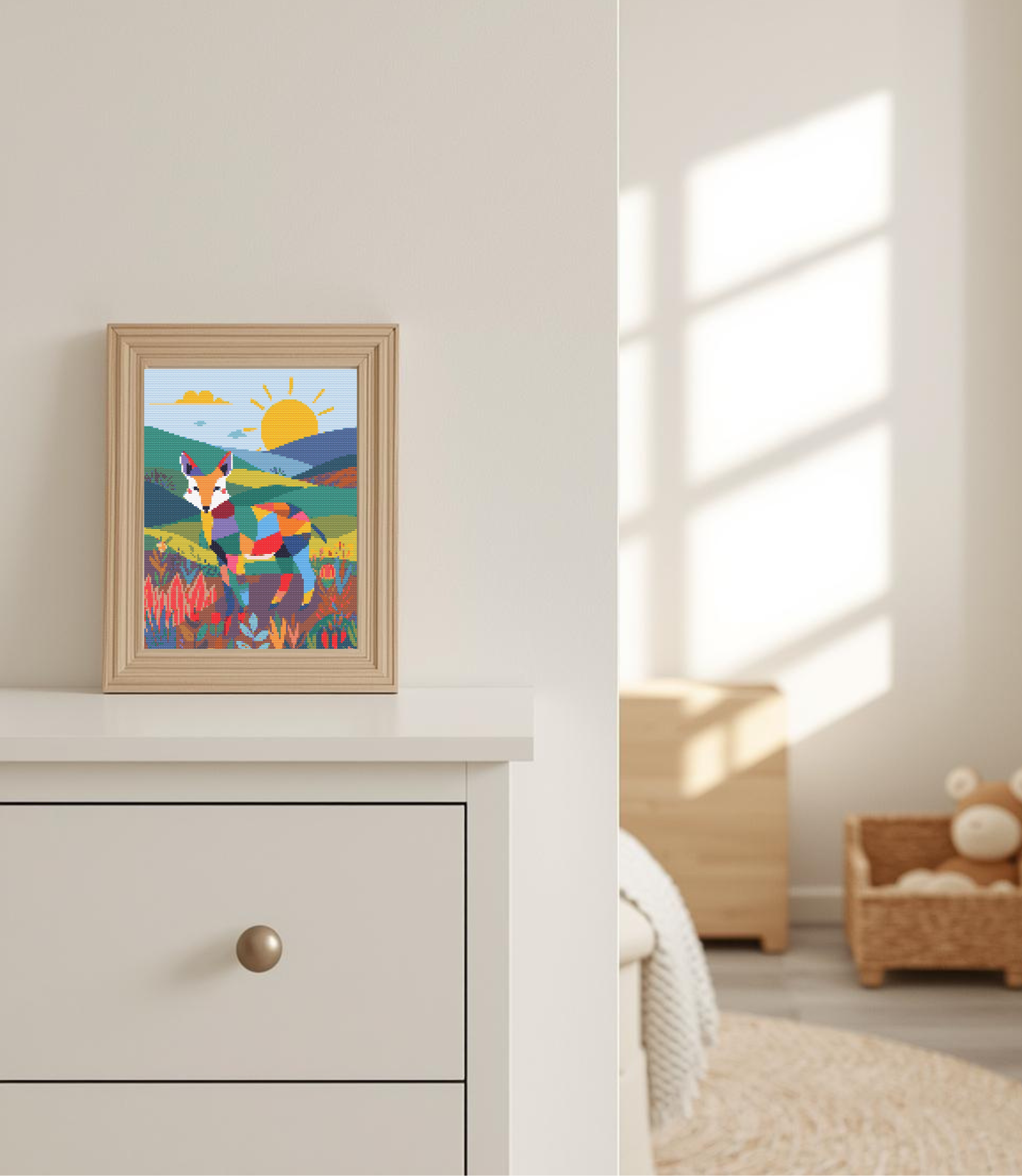 Playful Patchwork Fox | Cross-Stitch Pattern PDF | Cute Nursery Animal Embroidery | Patchwork Pals Series | 120×160 Stitches | DMC & Anchor Floss Key