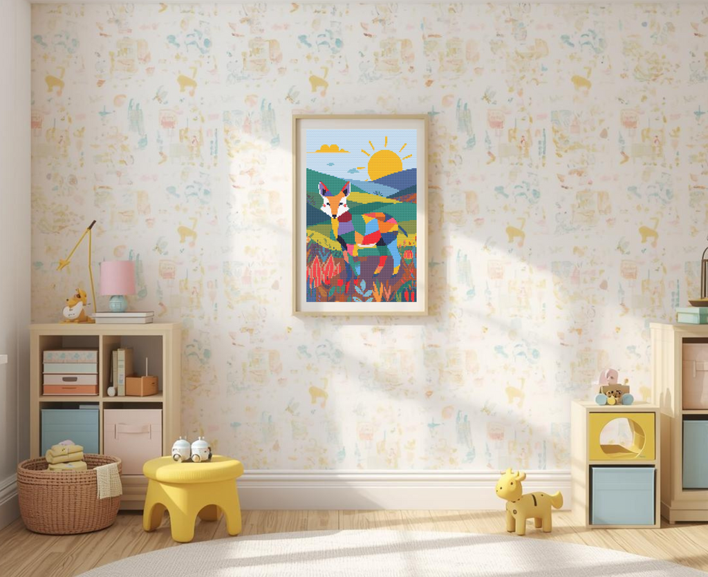 Playful Patchwork Fox | Cross-Stitch Pattern PDF | Cute Nursery Animal Embroidery | Patchwork Pals Series | 120×160 Stitches | DMC & Anchor Floss Key