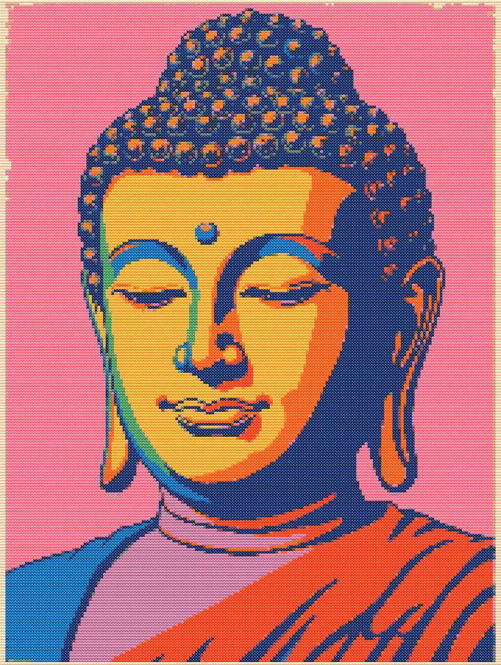 Pop Serenity | Cross-Stitch Pattern (PDF) | Modern Buddha in Color & Calm (180 × 239 Stitches) | with DMC & Anchor Floss Key