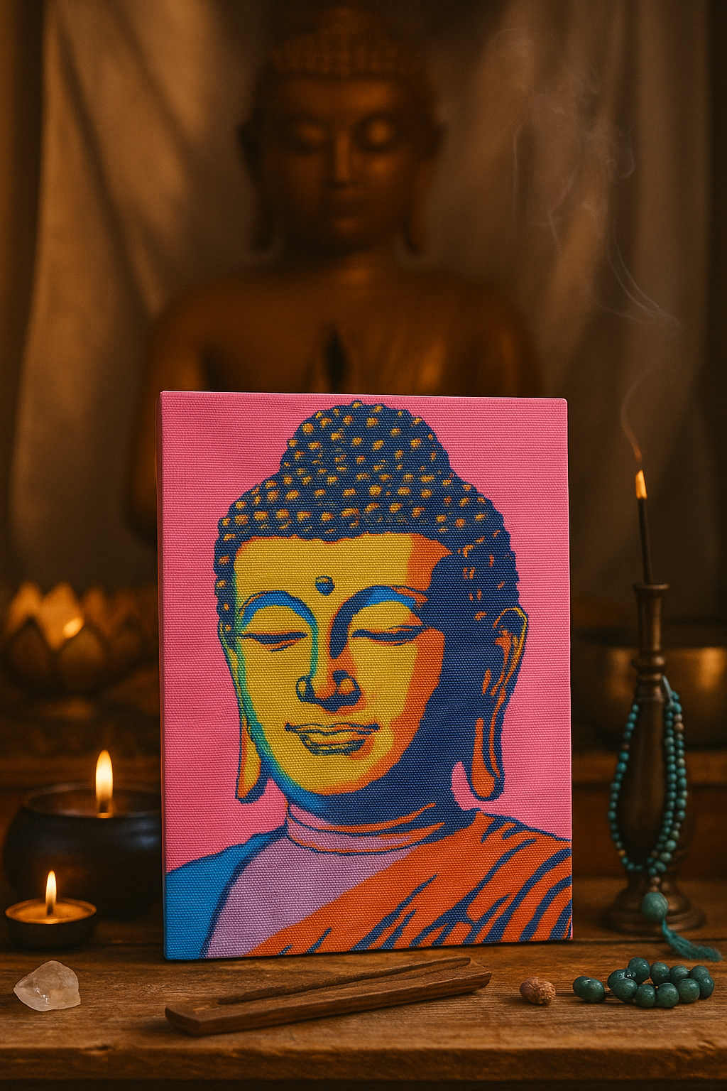 Pop Serenity | Cross-Stitch Pattern (PDF) | Modern Buddha in Color & Calm (180 × 239 Stitches) | with DMC & Anchor Floss Key