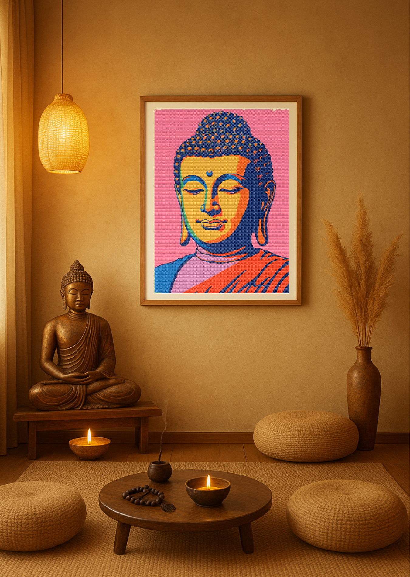 Pop Serenity | Cross-Stitch Pattern (PDF) | Modern Buddha in Color & Calm (180 × 239 Stitches) | with DMC & Anchor Floss Key