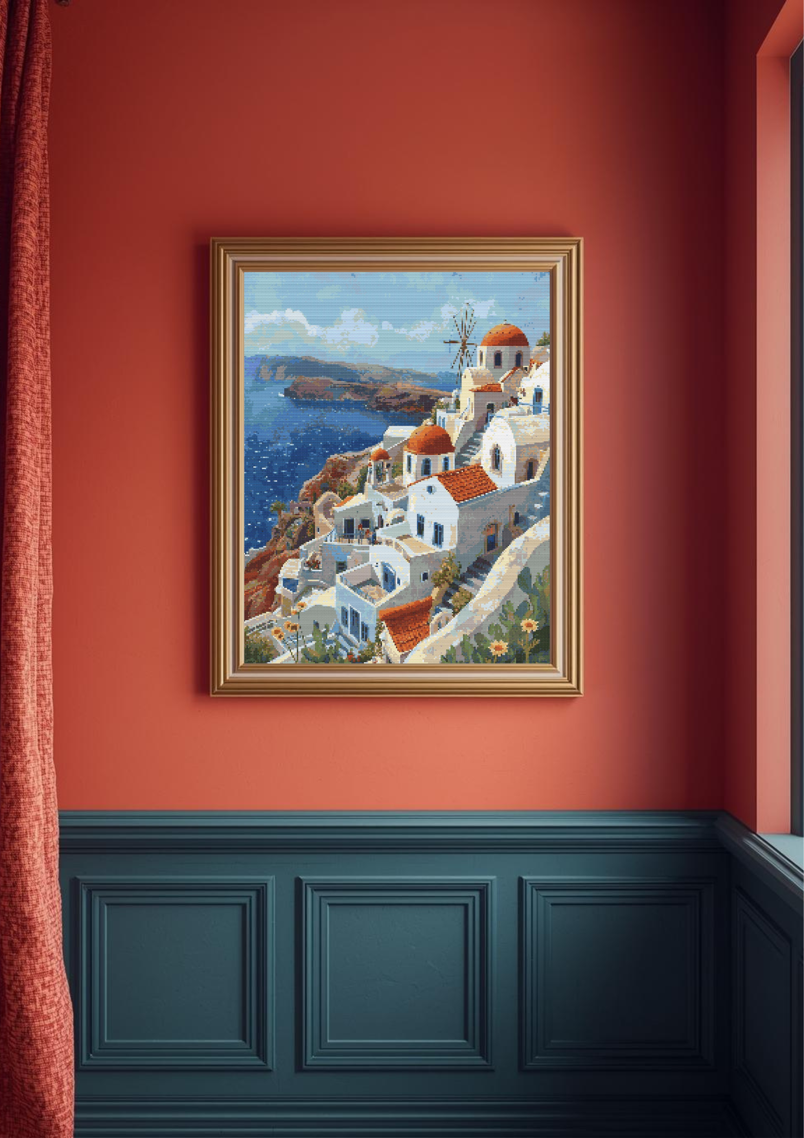 Santorini Serenity | Cross-Stitch Pattern (PDF) | Cliffside Whitewashed Homes & Aegean Sea View – Inspired by the Beauty of Santorini (220 × 293 Stitches) | with DMC & Anchor Floss Key