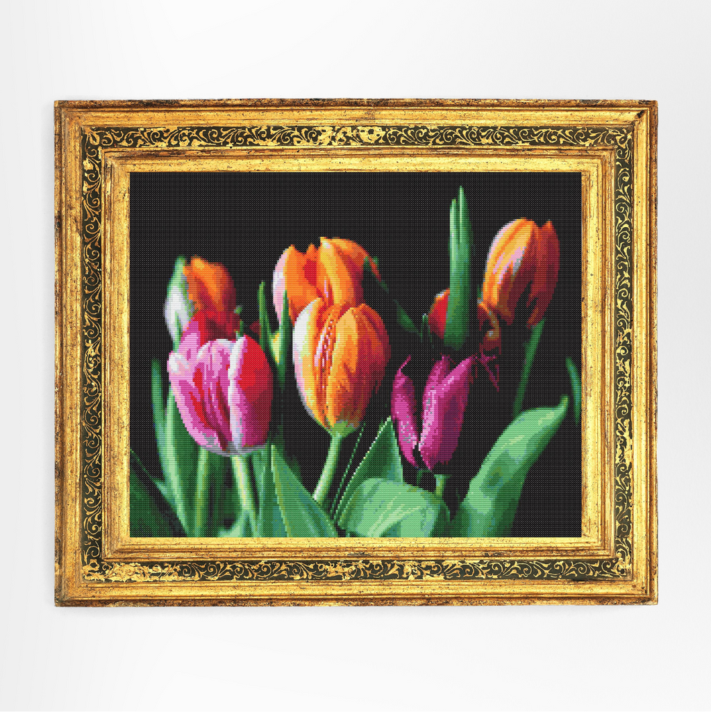 🌷 Spring Symphony – Colorful Tulip Bouquet | Cross-Stitch Pattern (PDF) | Floral Embroidery Design (230 x 186 Stitches) | with DMC &amp; Anchor Floss Key