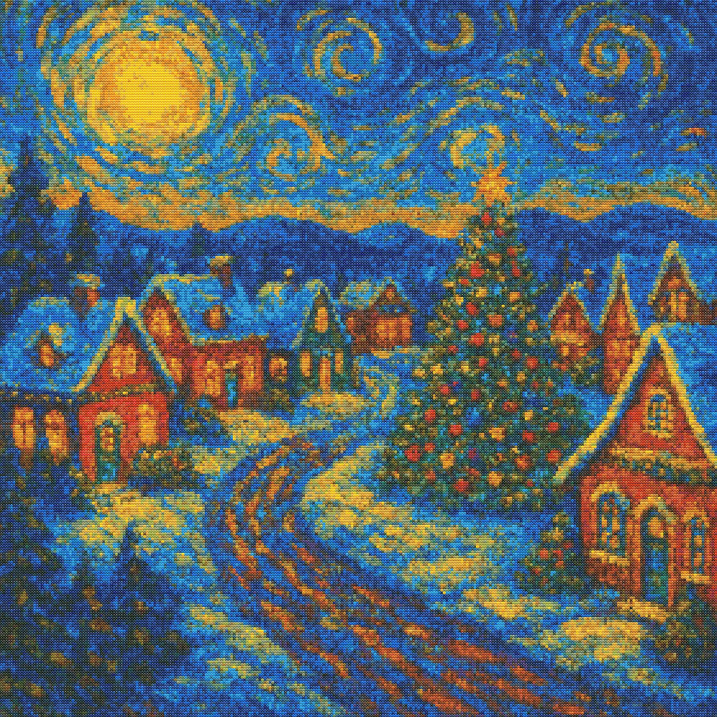 Starry Christmas Village – Van Gogh Style | Cross-Stitch Pattern (PDF) | Holiday Winter Night Embroidery Design (280 x 280 Stitches) | with DMC & Anchor Floss Key