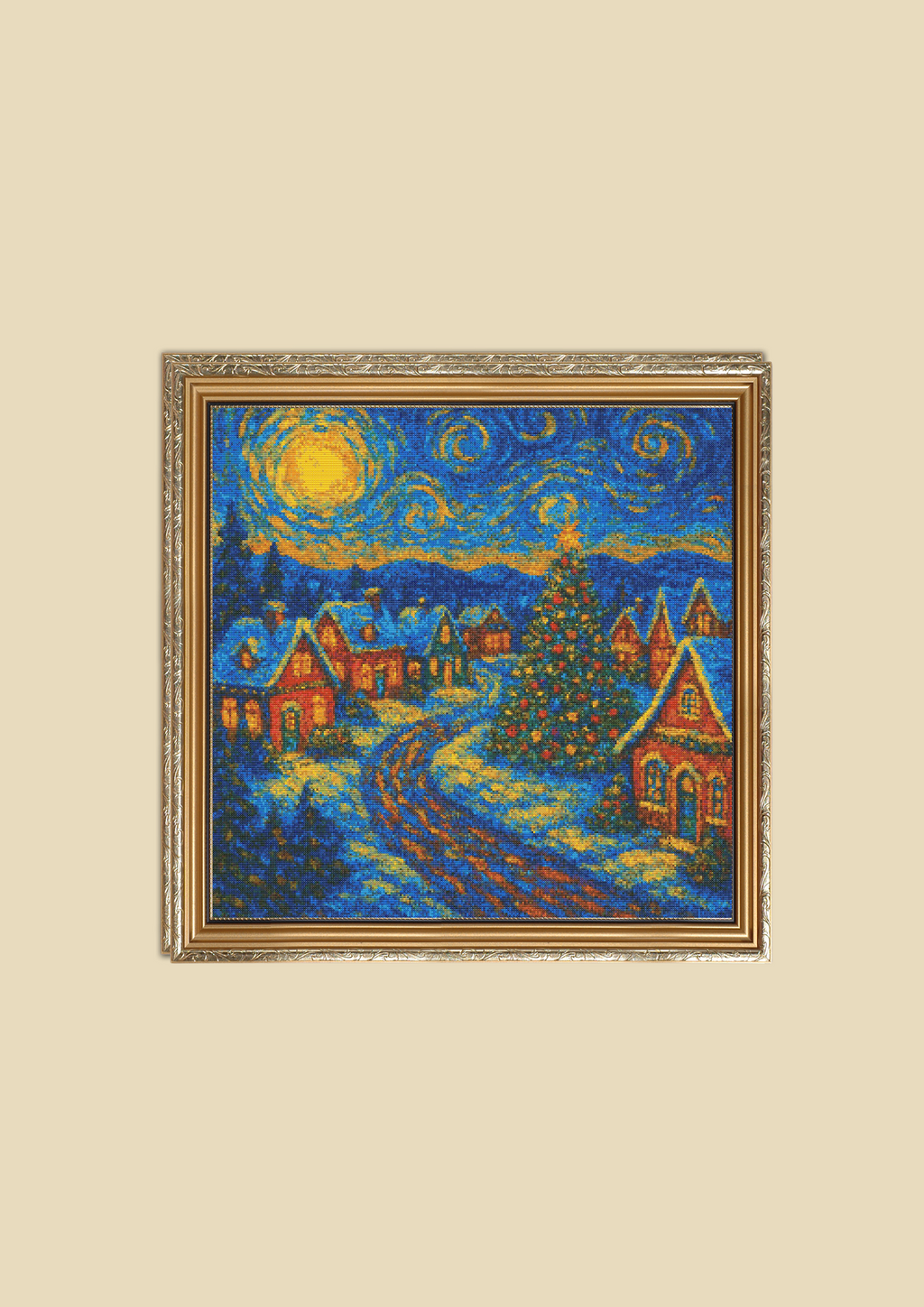 Starry Christmas Village – Van Gogh Style | Cross-Stitch Pattern (PDF) | Holiday Winter Night Embroidery Design (280 x 280 Stitches) | with DMC & Anchor Floss Key