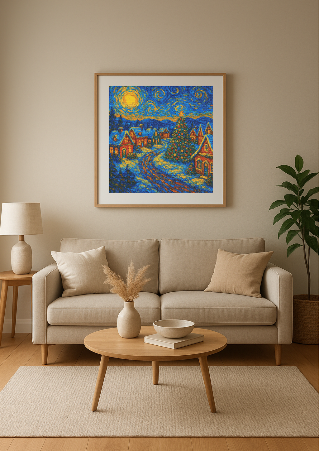 Starry Christmas Village – Van Gogh Style | Cross-Stitch Pattern (PDF) | Holiday Winter Night Embroidery Design (280 x 280 Stitches) | with DMC & Anchor Floss Key