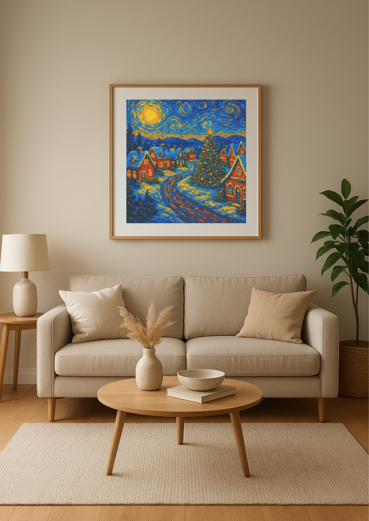 Starry Christmas Village – Van Gogh Style | Cross-Stitch Pattern (PDF) | Holiday Winter Night Embroidery Design (280 x 280 Stitches) | with DMC & Anchor Floss Key