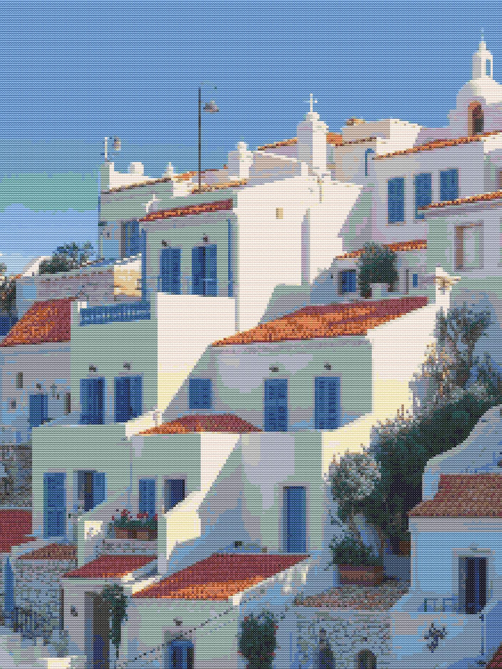Sunlit Mediterranean Village | Cross-Stitch Pattern (PDF) | Seaside Whitewashed Homes & Terracotta Rooftops – Inspired by the Charm of the Mediterranean Coast (220 × 293 Stitches) | with DMC & Anchor Floss Key