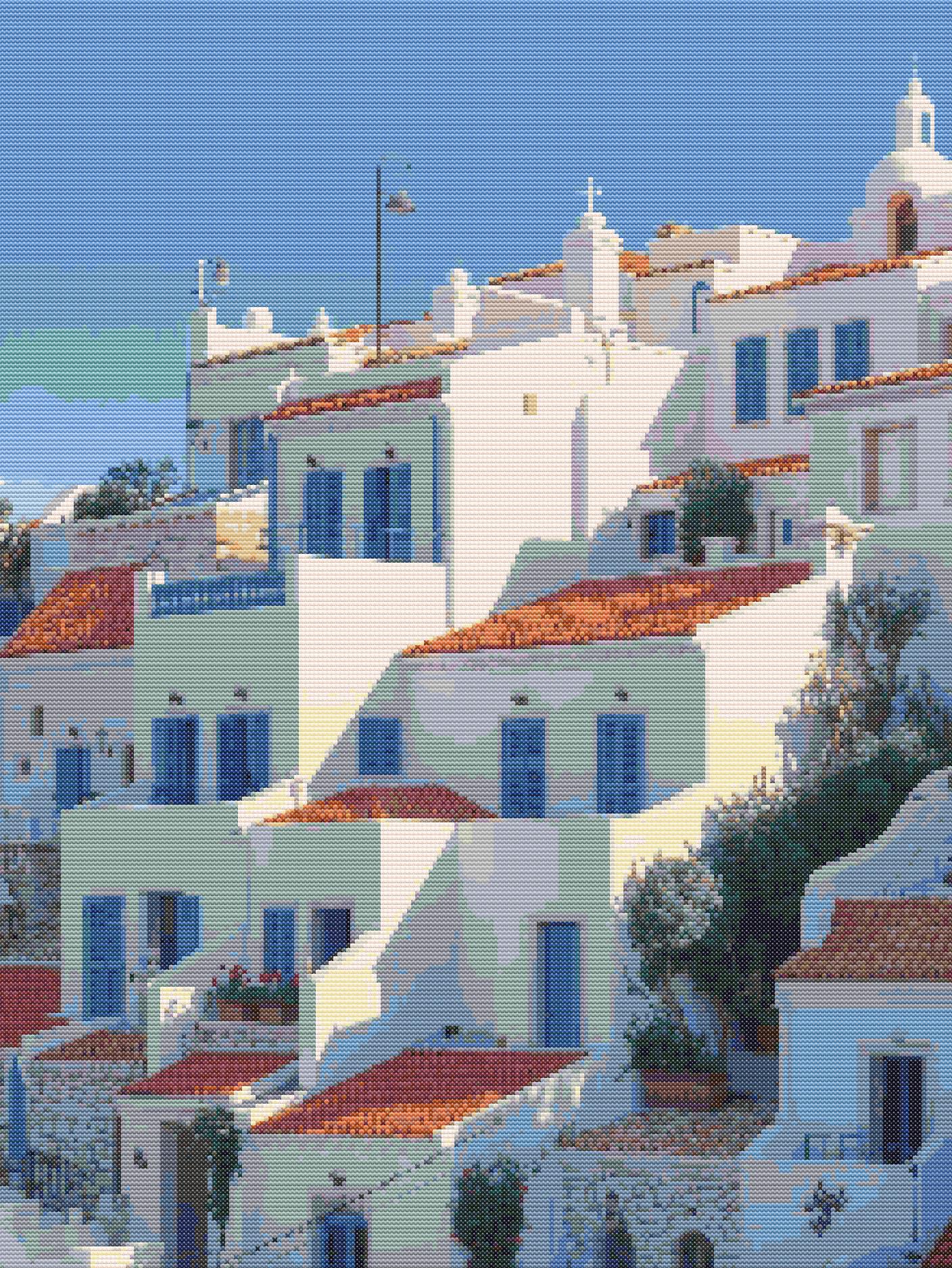 Sunlit Mediterranean Village | Cross-Stitch Pattern (PDF) | Seaside Whitewashed Homes & Terracotta Rooftops – Inspired by the Charm of the Mediterranean Coast (220 × 293 Stitches) | with DMC & Anchor Floss Key