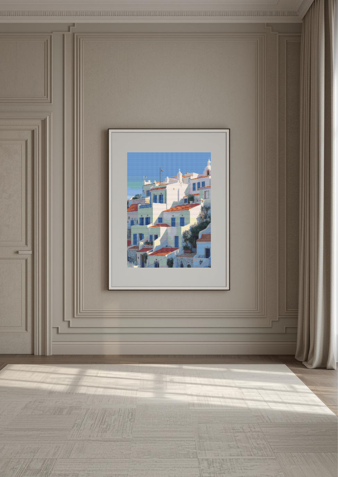 Sunlit Mediterranean Village | Cross-Stitch Pattern (PDF) | Seaside Whitewashed Homes & Terracotta Rooftops – Inspired by the Charm of the Mediterranean Coast (220 × 293 Stitches) | with DMC & Anchor Floss Key