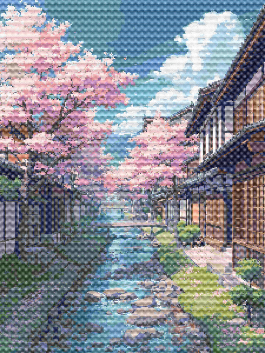 Whispers of Kyoto Spring | Cross-Stitch Pattern (PDF) | Sakura Blossoms Over Traditional Japanese Street – Tranquil Kyoto Landscape Embroidery (225 × 300 Stitches) | DMC & Anchor Floss Key