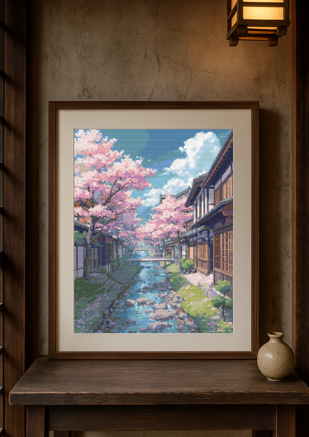 Whispers of Kyoto Spring | Cross-Stitch Pattern (PDF) | Sakura Blossoms Over Traditional Japanese Street – Tranquil Kyoto Landscape Embroidery (225 × 300 Stitches) | DMC & Anchor Floss Key
