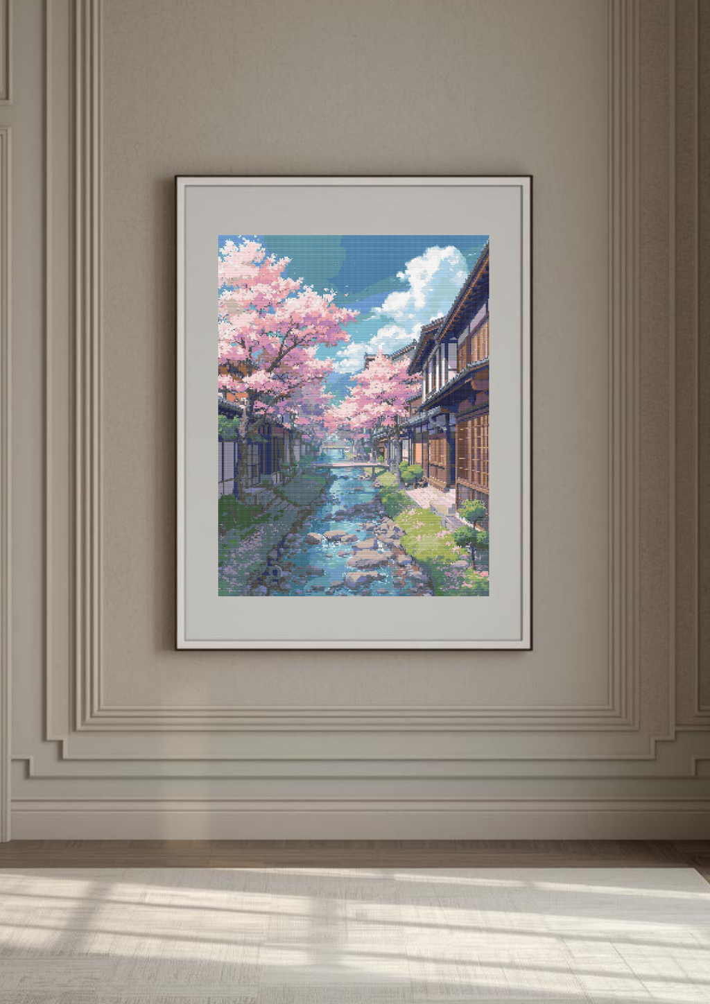 Whispers of Kyoto Spring | Cross-Stitch Pattern (PDF) | Sakura Blossoms Over Traditional Japanese Street – Tranquil Kyoto Landscape Embroidery (225 × 300 Stitches) | DMC & Anchor Floss Key
