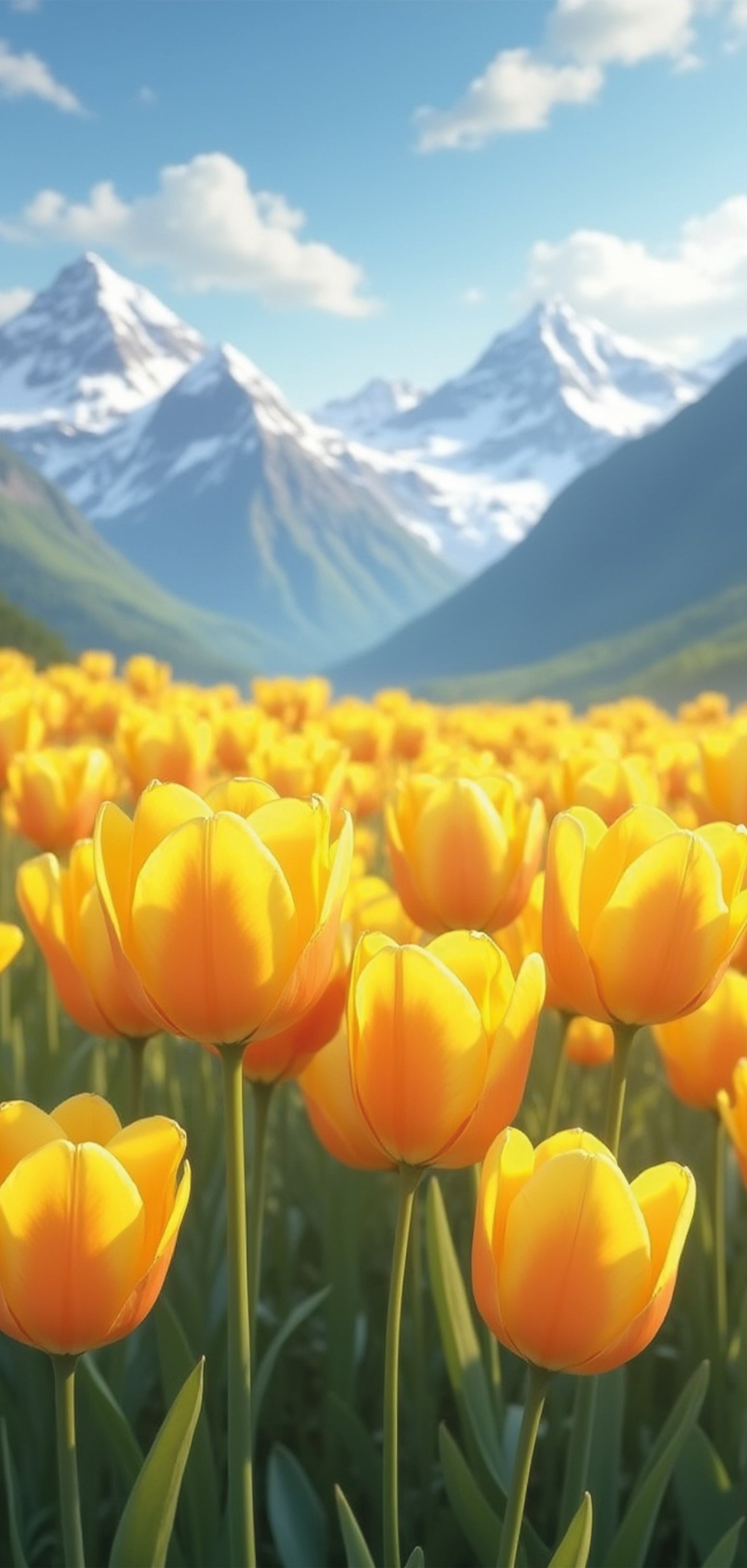 “Golden Valley Blooms” Mountain Landscape Cross Stitch Pattern (PDF) Snowy Peaks &amp; Yellow Tulip Field