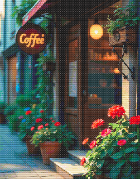 Charming Coffee Corner Cross Stitch Pattern | Cozy Cafe Street Scene | European Coffee Shop Embroidery PDF | Urban Landscape Needlework Design
