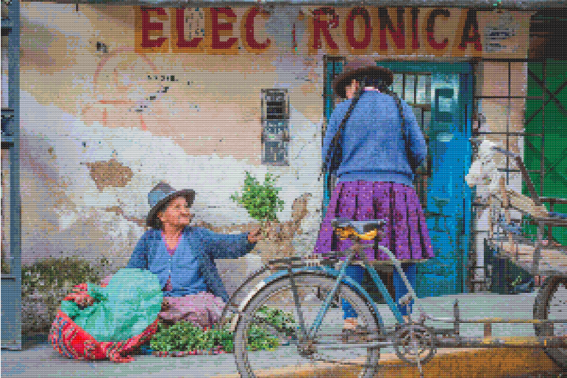 Roots of the Andes Cross Stitch Pattern | Andean Market Scene PDF | Cultural Street Life Embroidery Chart | Modern Folk Art Needlework Design (300x200 Stitches)
