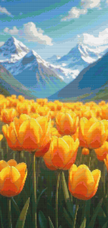 “Golden Valley Blooms” Mountain Landscape Cross Stitch Pattern (PDF) Snowy Peaks &amp; Yellow Tulip Field