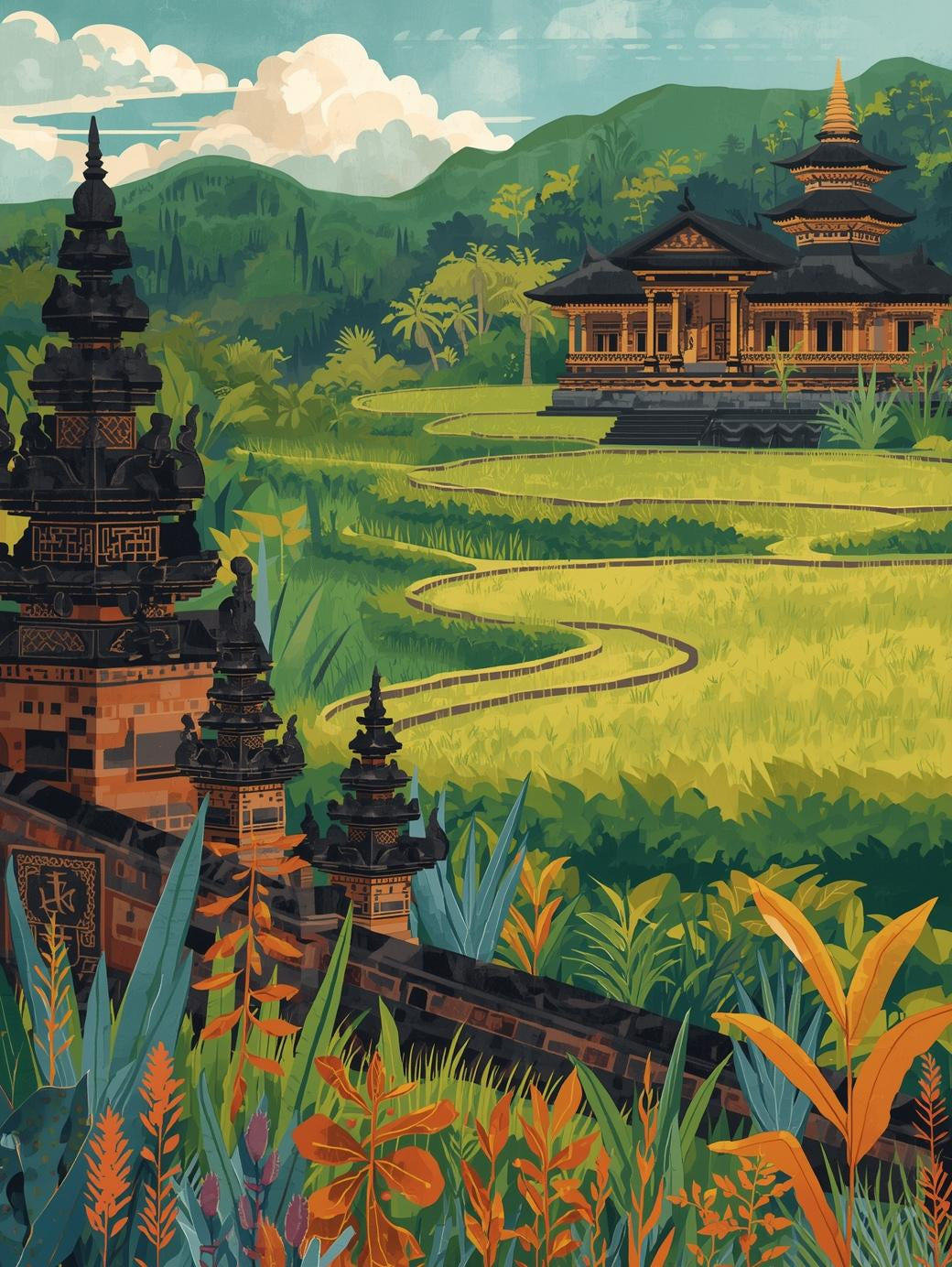 Golden Tranquility of Bali | Cross-Stitch Pattern PDF | Tropical Landscape Embroidery | Temple & Rice Fields | 225×300 Stitches | DMC & Anchor Floss Key | Landscapes of Bali Series (2/2)