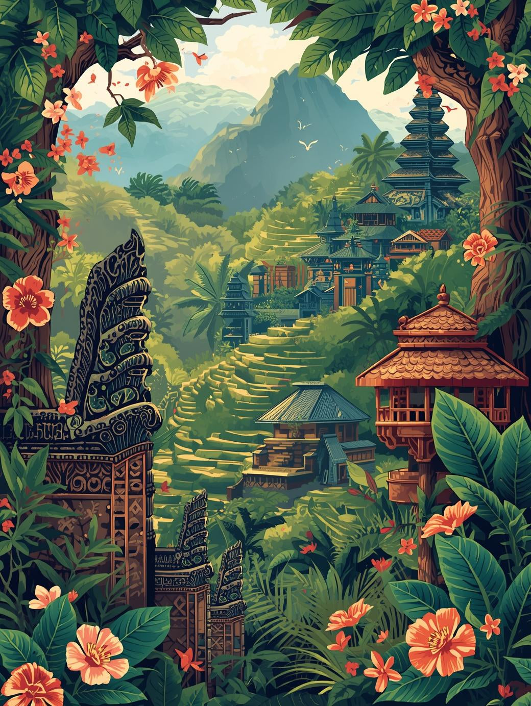 Bali Serenity | Cross-Stitch Pattern PDF | Tropical Landscape Embroidery | Temples & Rice Terraces | 225×300 Stitches | DMC & Anchor Floss Key | Landscapes of Bali Series (1/2)