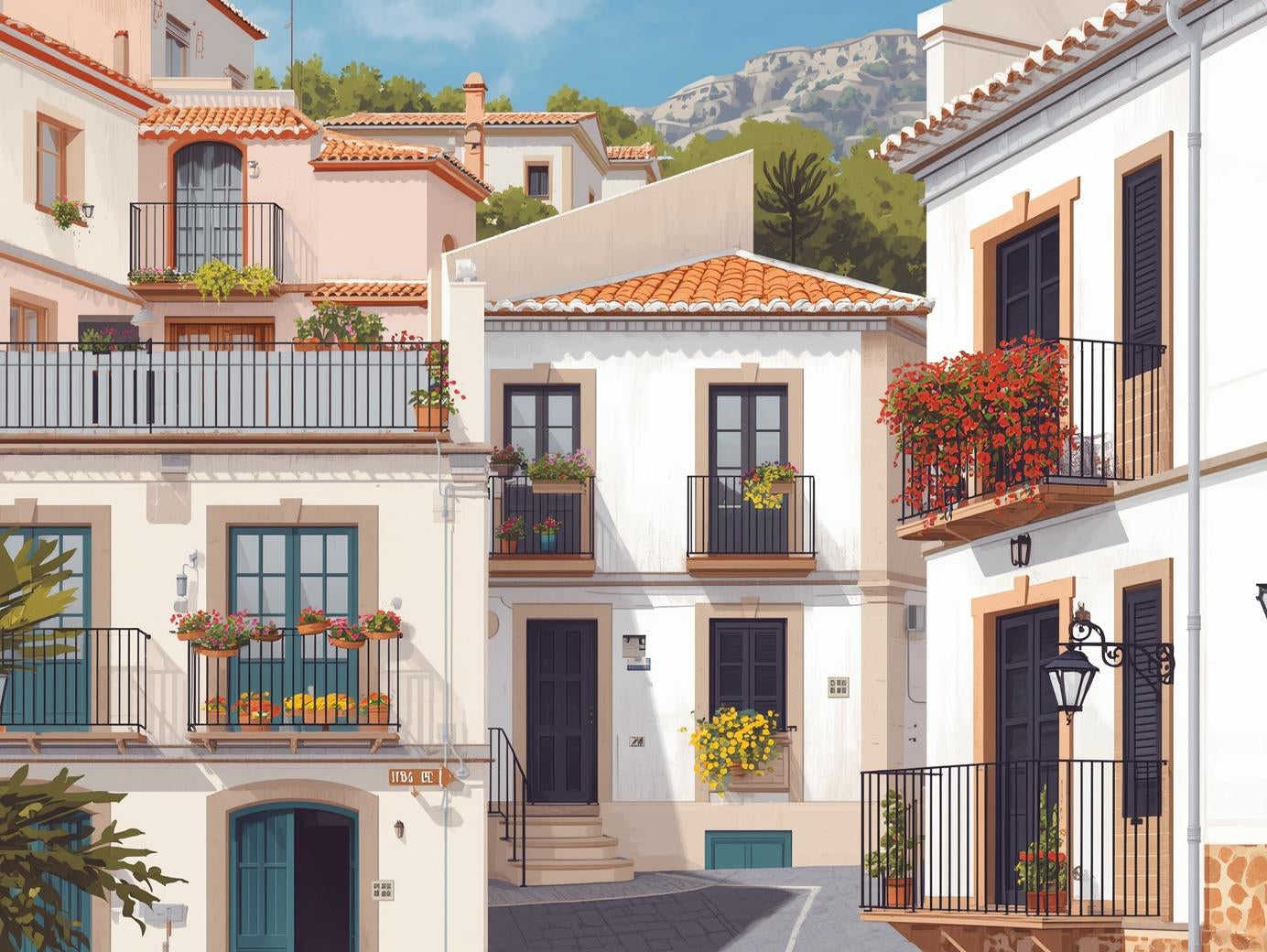 Mediterranean Harmony | Cross-Stitch Pattern (PDF) | Sunlit Village Scene – Inspired by the Charm of Altea (280 × 210 Stitches) | with DMC & Anchor Floss Key