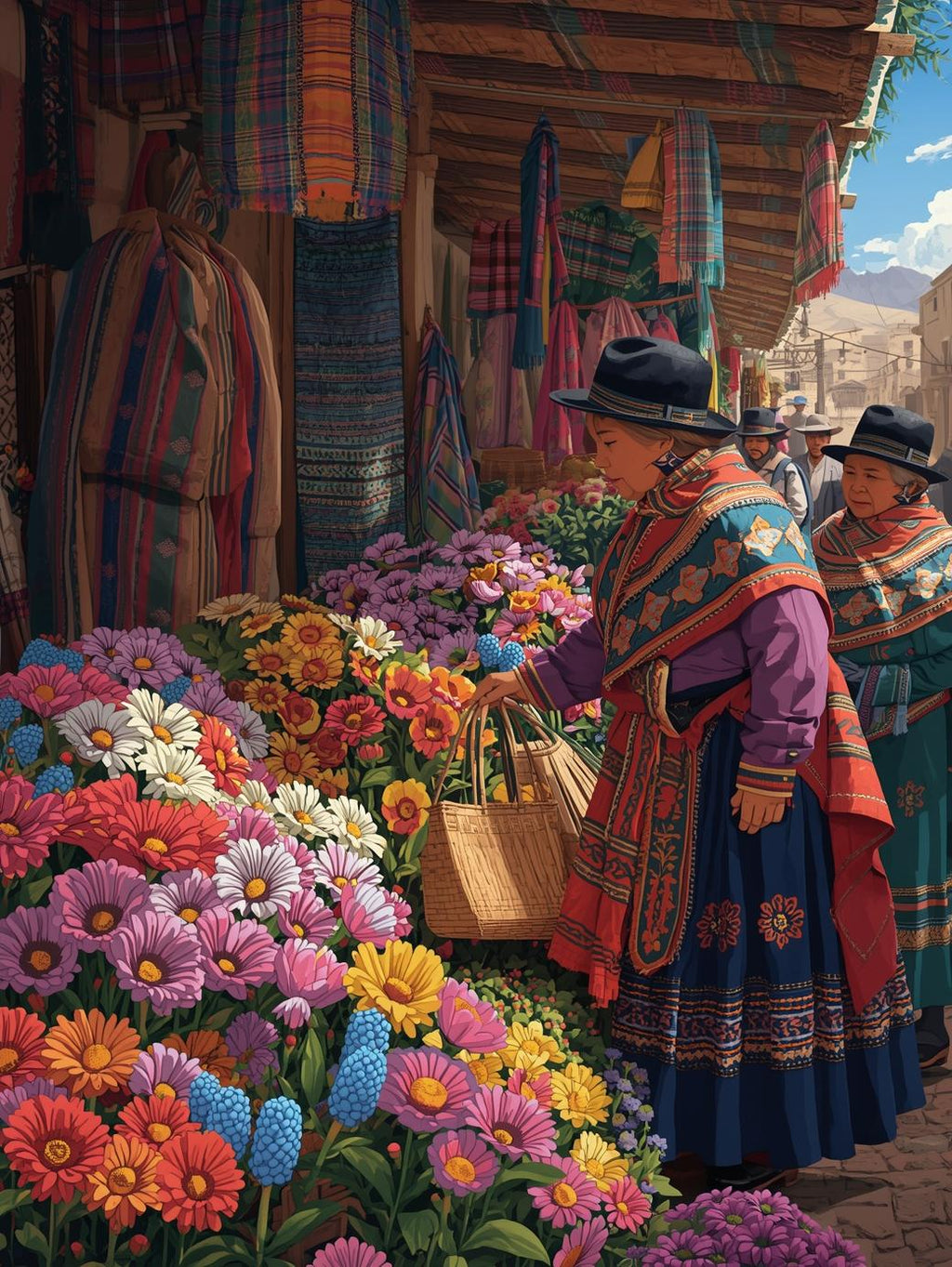 Bolivian Market Blooms | Cross-Stitch Pattern (PDF) | Andean Flower Market Scene (225 x 299 Stitches) | with DMC & Anchor Floss Key