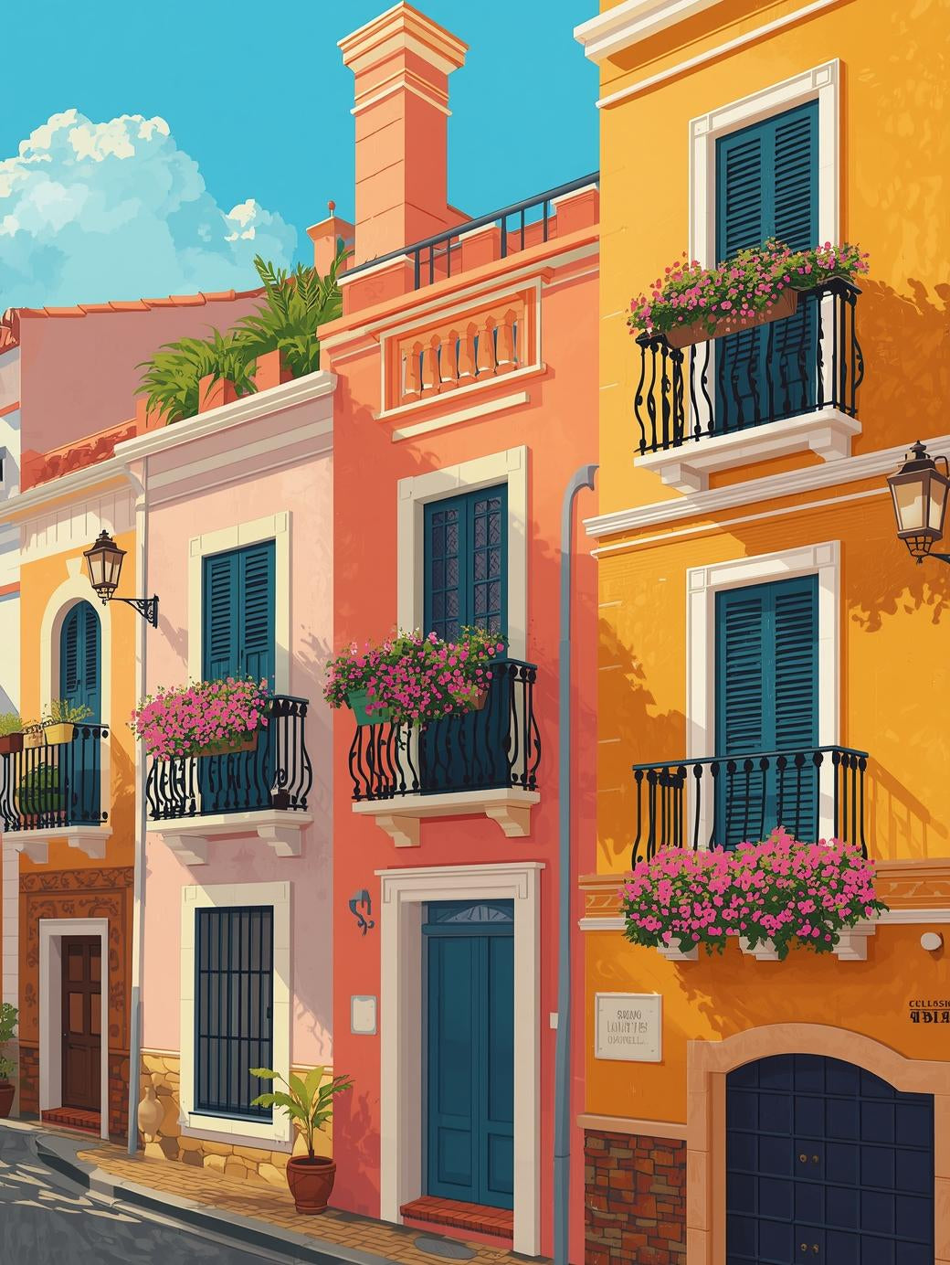 Mediterranean Street Charm | Cross-Stitch Pattern (PDF) | Sunlit Coastal Lane Scene – Inspired by the Spirit of the Mediterranean (225 × 300 Stitches) | with DMC & Anchor Floss Key