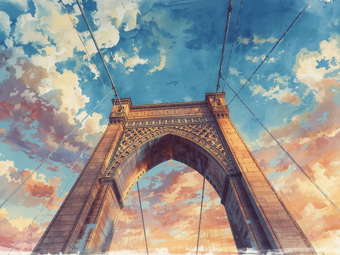 Brooklyn Bridge Skyward | Cross-Stitch Pattern PDF | Architectural Embroidery Art | New York Landmark | 299×225 Stitches | DMC & Anchor Floss | Bridges of the World Series