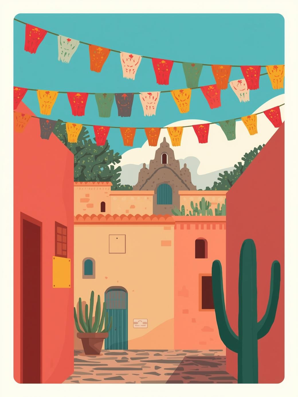 Mexican Courtyard Charm | Cross-Stitch Pattern (PDF) | Sunlit Pueblo Scene with Papel Picado, Terracotta Walls & Cacti | 225 × 300 Stitches | DMC & Anchor Floss Key