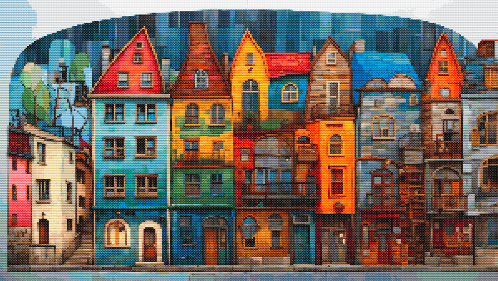 Colorful European Town Street Cross Stitch Pattern PDF | Modern Cityscape Needlepoint Design | Whimsical Houses Embroidery Chart | Instant Digital Download