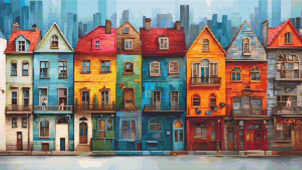 Colorful Row Houses Cross Stitch Pattern PDF | European Cityscape Embroidery Chart | Instant Digital Download | Modern Architectural Needlework Design