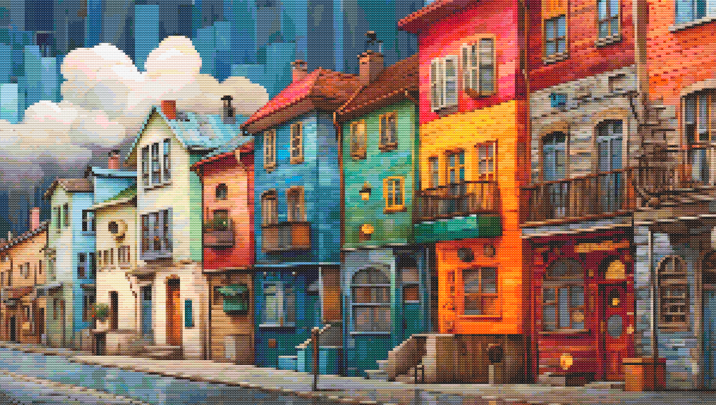 Colorful European Street Cross Stitch Pattern PDF | Modern Cityscape Embroidery Design | Urban Houses Needlepoint Wall Art | Instant Download DIY Stitch Gift | 300x170 Stitches