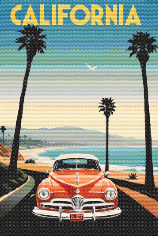 California Cross Stitch Pattern PDF | Vintage Car Beach Embroidery Design | Palm Trees Coastal Needlepoint | Retro Travel Poster Cross Stitch | Digital Download Pattern